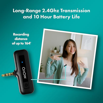 Movo Wireless Mini Camera Microphone for Video Recording- 2.4Ghz Wireless Transmitter with Clip on Lavalier Microphone for DSLR, Mirrorless Camera- Compact Lapel Mic (164FT Range, 10-Hr Battery Life)