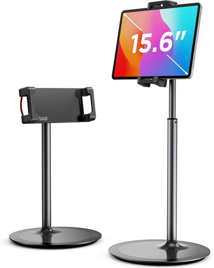 SAIJI Tablet Stand Holder, Extra-Height Adjustable Kindle Stand, 360 Degree Rotating iPad Holder, Aluminum Alloy Cradle Mount Dock for 4.7"-15.6" iPhone, Samsung, Tablets, Portable Monitor (Black)