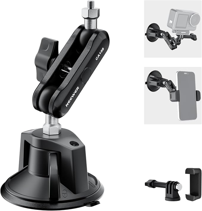 NEEWER Suction Cup Phone Holder & Camera Mount Compatible With GoPro DJI Insta360 iPhone, Car Phone Mount with Action Camera Adapter 360° Magic Arm for POV Windshield Glass Vlog Video Recording, CA158