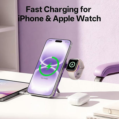 Q Magnetic Wireless Portable Charger 10,000mAh, Travel Essentials Power Bank with Built-in Cables & Foldable Stand, External Battery Pack Compatible with iPhone 17/16/15/14/13/12, Apple Watch