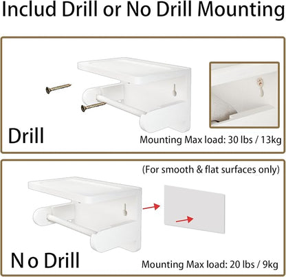 Drill-Free Toilet Paper Holder with Phone Shelf Bamboo Wall-Mounted, No-Drill & Drillable, Bathroom Storage Organizer, Space Saver Tissue Roll Rack for Bathroom, Kitchen, Home Decor (White)