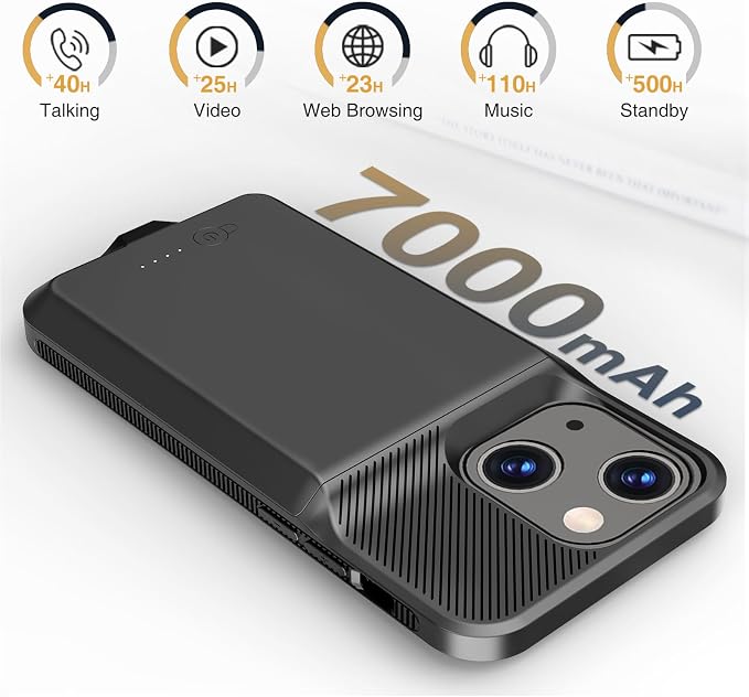 GIN FOXI Battery Case for iPhone 13/13 Pro/14/14 Pro, Charging Case Real 7000mAh Rechargeable Charger Cover Anti-Fall Protection Ultra-Slim Extended Battery Pack Juice Box, 6.1" Black
