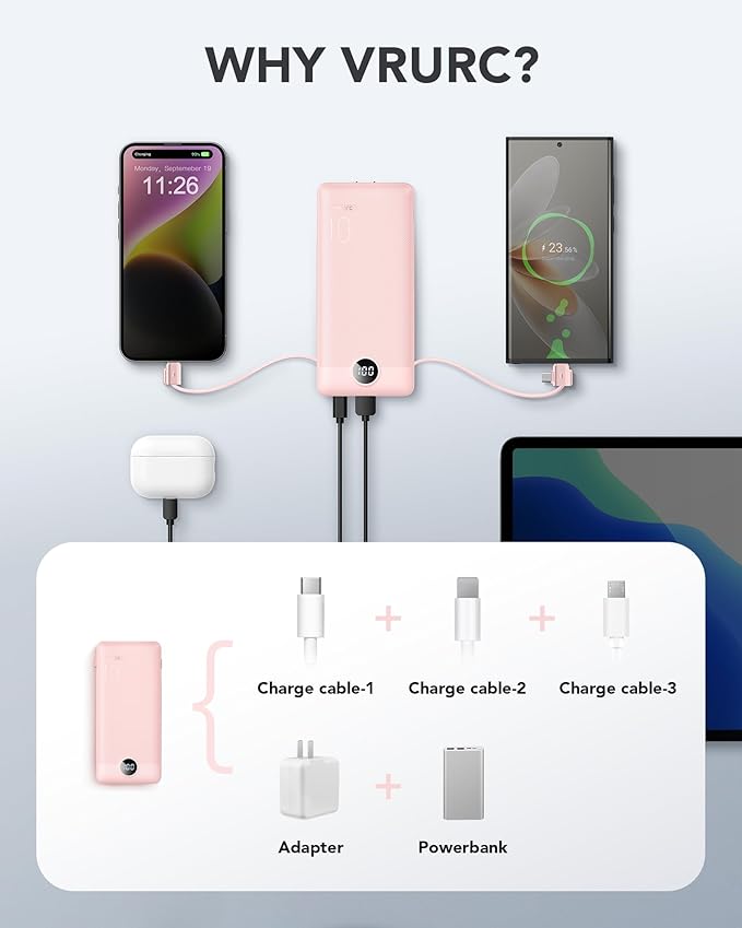 VRURC Portable Charger, Power Bank Built-in Cables and AC Wall Plug | USB C Power Bank 10000mAh Travel Essentials Phone Charger Compact External Battery Pack For Smart Phones, Tablets etc-Pink