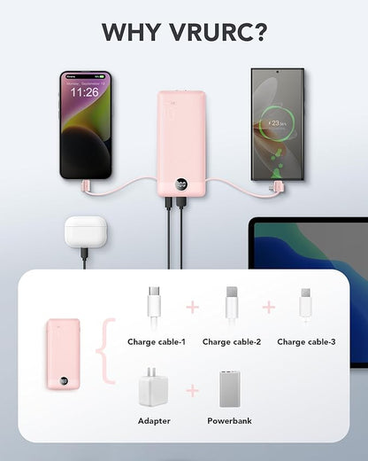 VRURC Portable Charger, Power Bank Built-in Cables and AC Wall Plug | USB C Power Bank 10000mAh Travel Essentials Phone Charger Compact External Battery Pack For Smart Phones, Tablets etc-Pink