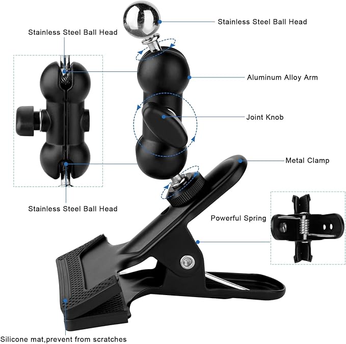 Clamp Phone Stand Holder for Guitar Head/Desk/Table/Glass/Baffle/Easel,Guitar Head Phone Mount,360°Adjustable Aluminium Alloy Arm Compatible with iPhone/Nexus/HTC/LG/Huawei/Smart Phones