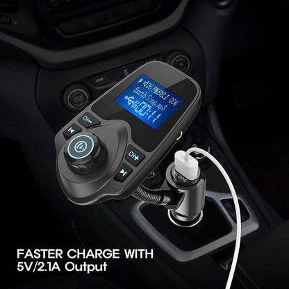 Nulaxy Bluetooth Car FM Transmitter Audio Adapter Receiver Wireless Handsfree Voltmeter Car Kit TF Card AUX 1.44 Display - KM18 Black Matte