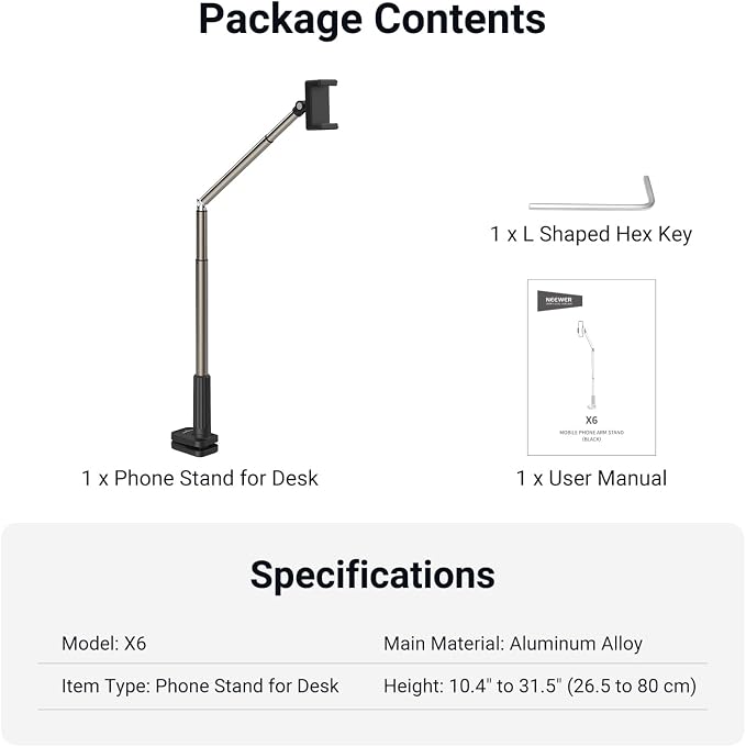 NEEWER Entry Level Version Phone Stand for Desk & Bed, 360° Adjustable Office Table Bedside Overhead Cell Phone Holder Mount Compatible with iPhone Samsung Android for Video Recording Filming, X6