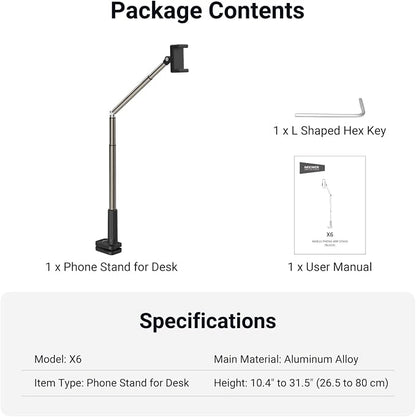 NEEWER Entry Level Version Phone Stand for Desk & Bed, 360° Adjustable Office Table Bedside Overhead Cell Phone Holder Mount Compatible with iPhone Samsung Android for Video Recording Filming, X6