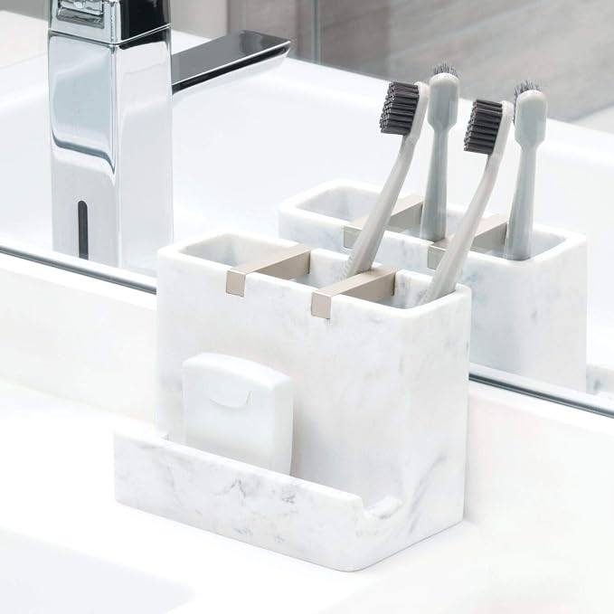 iDesign 28250 Dakota Resin Marble Vanity Center for Toothbrush, Cell Phone, Bathroom Countertops, Desks, Vanities, Dorm, Office - White Marble and Satin Metal Accents