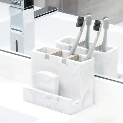 iDesign 28250 Dakota Resin Marble Vanity Center for Toothbrush, Cell Phone, Bathroom Countertops, Desks, Vanities, Dorm, Office - White Marble and Satin Metal Accents