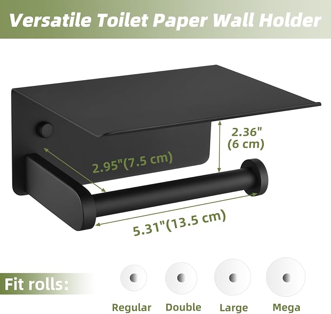 Toilet Paper Holder with Phone Shelf, APLusee SUS 304 Stainless Steel Bathroom Tissue Holder, Wall Mounted Roll Paper Dispenser, Matte Black