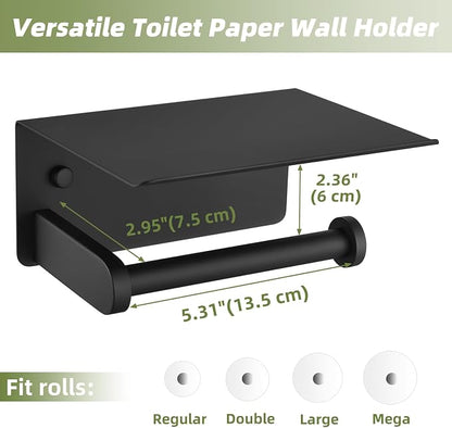 Toilet Paper Holder with Phone Shelf, APLusee SUS 304 Stainless Steel Bathroom Tissue Holder, Wall Mounted Roll Paper Dispenser, Matte Black