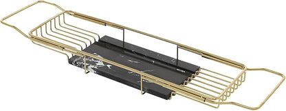 Expandable Bathtub Tray Caddy for Luxury Bath, Extra Wide Acrylic Tub Tray with Natural Marble Board, Waterproof Bath Tub Shelf for Phone, Wine, Book, Tablet Stand - Ideal Home Spa (Gold, Black)