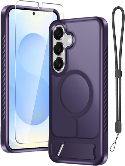 RMOCR for Samsung Galaxy S25 Plus Case with Screen Protector+Lanyard Wrist Strap,Magnetic Translucent Matte Rugged Slim Phone Cover Built in Invisible Kickstand [Fit for MagSafe],2025 Purple