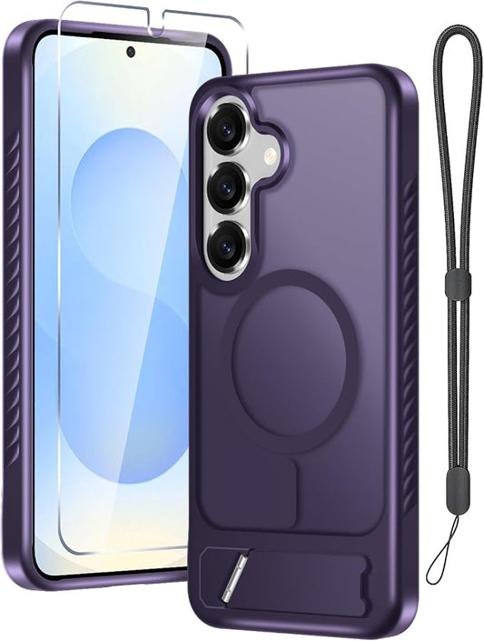 RMOCR for Samsung Galaxy S25 Plus Case with Screen Protector+Lanyard Wrist Strap,Magnetic Translucent Matte Rugged Slim Phone Cover Built in Invisible Kickstand [Fit for MagSafe],2025 Purple