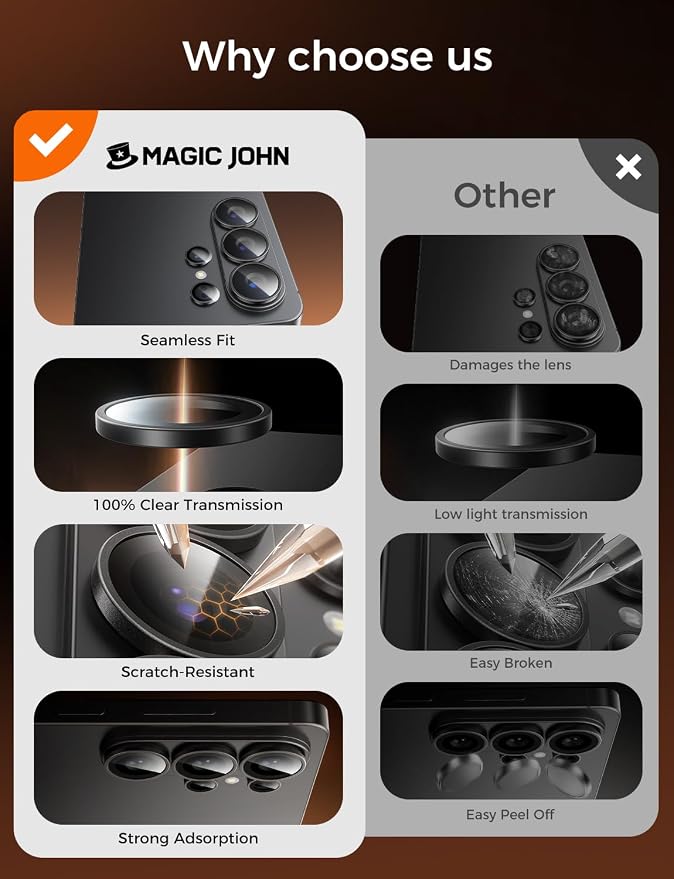 MAGIC JOHN for Samsung Galaxy S26 Ultra Camera Lens Screen Protector [Alignment Kit&1:1 Invisible Fit] 9H Aerospace Tempered Glass, Ultra HD, Metal Individual Ring, Set of 2,Black