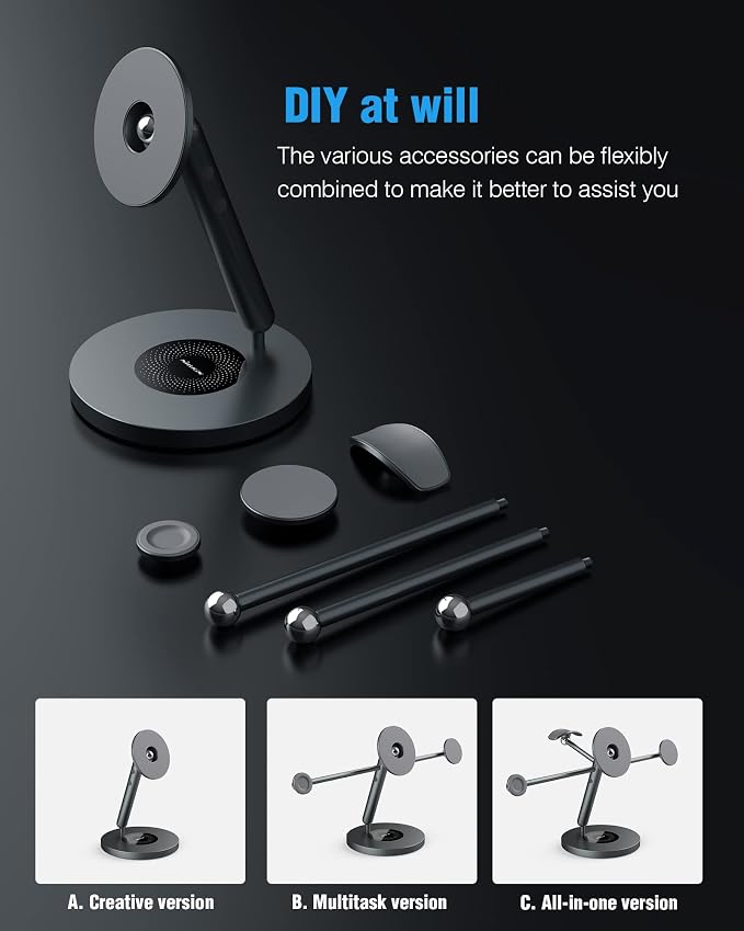 Nillkin Tablet Stand with MagSafe Ring, 4 in 1 Magnetic Stand for Tablet/Phone/Apple Watch/Headphone, 360º Rotating, DIY at Will, Aluminum Cell Phone Stand, Tablet Stand for Desk, Supports 5-13 inch