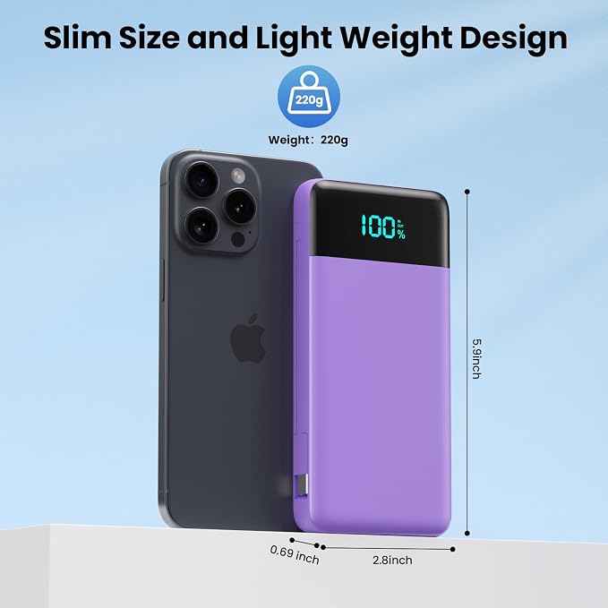 Portable Charger for iPhone,13800mAh Slim Power Bank with Built-in Cables & AC Wall Plug,All in One 4 Outputs USB C Fast Charging Battery Pack Travel Essential for iPhone 17/16/15/14,Android (Purple)