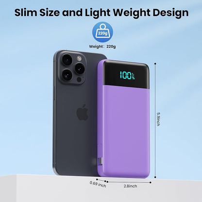 Portable Charger for iPhone,13800mAh Slim Power Bank with Built-in Cables & AC Wall Plug,All in One 4 Outputs USB C Fast Charging Battery Pack Travel Essential for iPhone 17/16/15/14,Android (Purple)