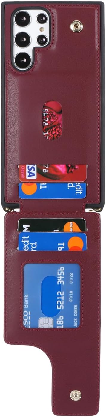 Lipvina for Samsung Galaxy S22 Ultra Case with Card Holder and Strap for Women,Crossbody Lanyard,RFID Blocking,Stand Ring Kickstand,Snap Clasp,Phone Wallet Cases 6.8 inch(Wine Red)