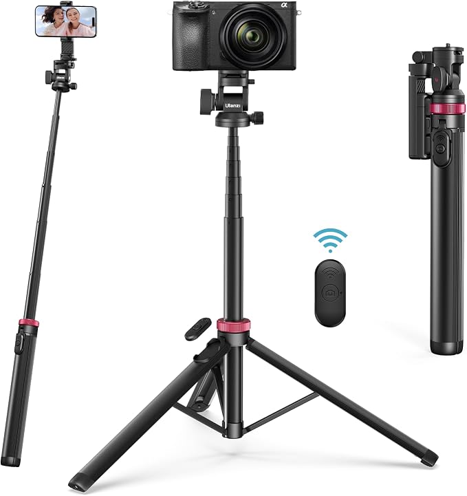 ULANZI MT-78 Extendable Phone Tripod, metal 72.83" Selfie Stick Camera Tripod Stand with 2 in 1 Phone Clip, 360° Ball Head Camera Tripod with cold shoe for iPhone 17 Sony Canon, Lightweight for Travel