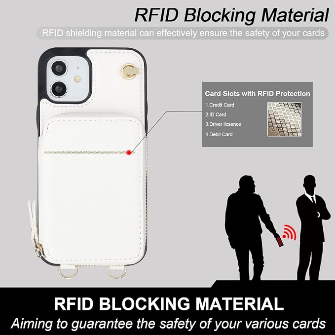 Bocasal Crossbody Wallet Case for iPhone 12/12 Pro, RFID Blocking Leather Purse Case with Card Holder, Protective Handbag Flip Cover with Zipper Wrist Strap Lanyard for Women 5G 6.1 Inch (White)