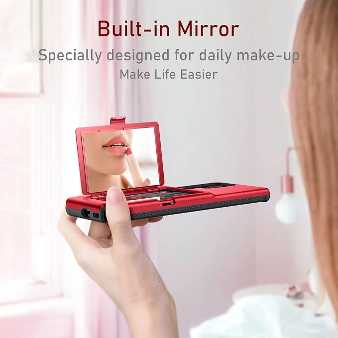 WeLoveCase Samsung Galaxy S22 Ultra Case Wallet Case with Credit Card Holder & Hidden Mirror, All-Round Protection Shockproof Phone Cover Designed for Samsung Galaxy S22 Ultra, 6.8 Inch Red