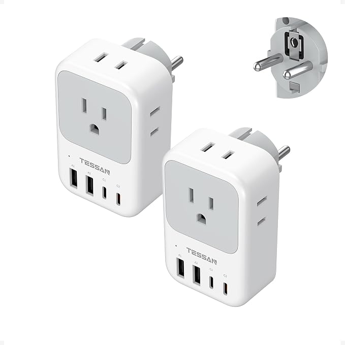 TESSAN Type F Plug Adapter 2 Pack, PD 20W South Korea Outlet Adapter with 4 AC Outlets 4 USB Ports (2 USB C), Type E Power Adaptor for US to Europe Spain Germany France Iceland Greece Russia Norway