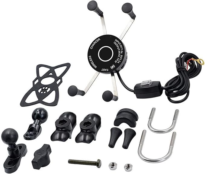 15W Fast Charging Adapter, Wireless Qi Motorcycle Phone Holder with 4 Jaw Mechanical Locking, 360° Rotating Aluminum Alloy, Compatible with 3-7 inch Smartphones