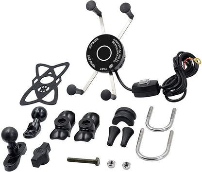 15W Fast Charging Adapter, Wireless Qi Motorcycle Phone Holder with 4 Jaw Mechanical Locking, 360° Rotating Aluminum Alloy, Compatible with 3-7 inch Smartphones