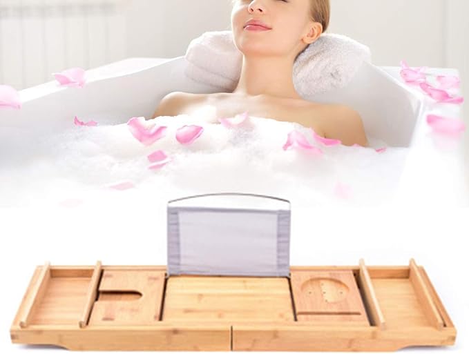 Bath Caddy Tray Bamboo Bathtub Tray Caddy Expandable with Wine Glass Holder and Book Stand