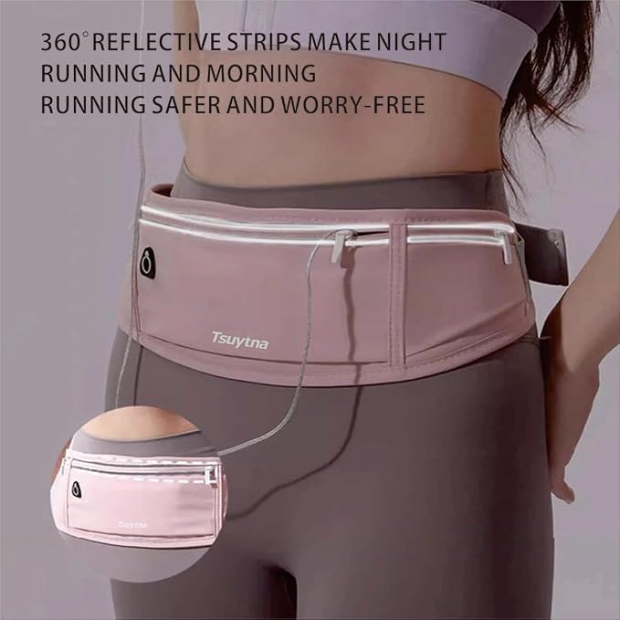 Running Belt for Women & Men - Slim Phone running belt with Water-Resistant Phone Holder, 3 pockets Adjustable Waist Strap, Reflective Safety Design for Running, Hiking, Travel，Fitness (Pink)