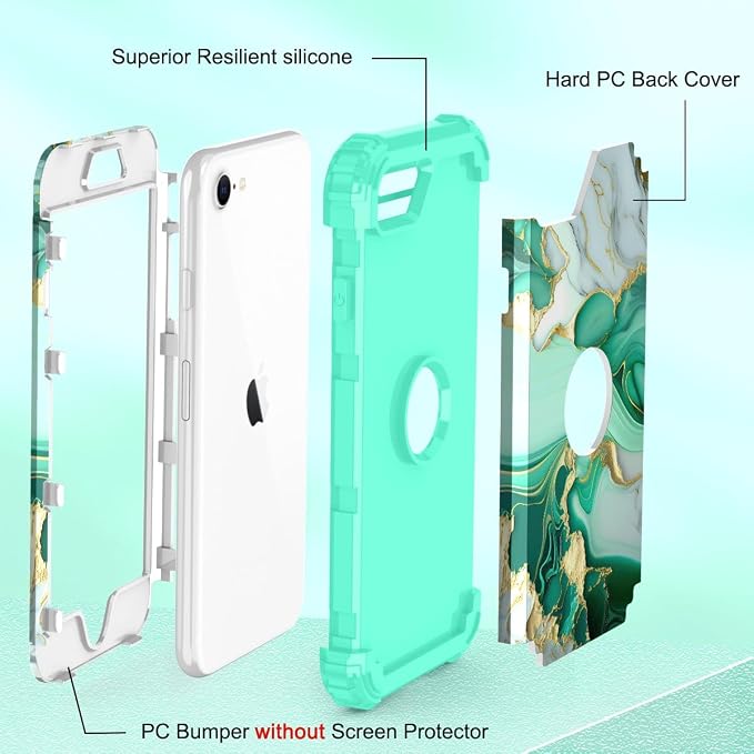 Hocase for iPhone SE 2022/2020 Case, Heavy Duty Shockproof Protection Hard Plastic+Silicone Rubber Hybrid Protective Case for iPhone SE 3rd/2nd Generation (4.7") - Mint Green