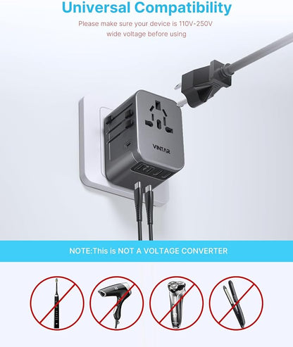 Universal Travel Adapter, VINTAR International Power Adapter with 6A 3 USB C and 2 USB Ports, All in One Travel Essentials Plug Adapter, Worldwide Outlet Converter for Europe UK USA AUS(Type C/G/A/I)