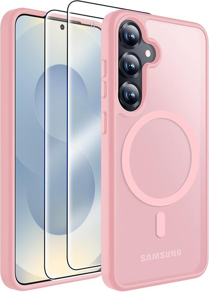 MOZOTER for Samsung Galaxy S25 Case with Magnetic,[Compatible with MagSafe][15Ft Military Dropproof][2*Screen Protector] Translucent Matte Anti-Slip Back Slim Shockproof Case for S25,6.2"(Pink)
