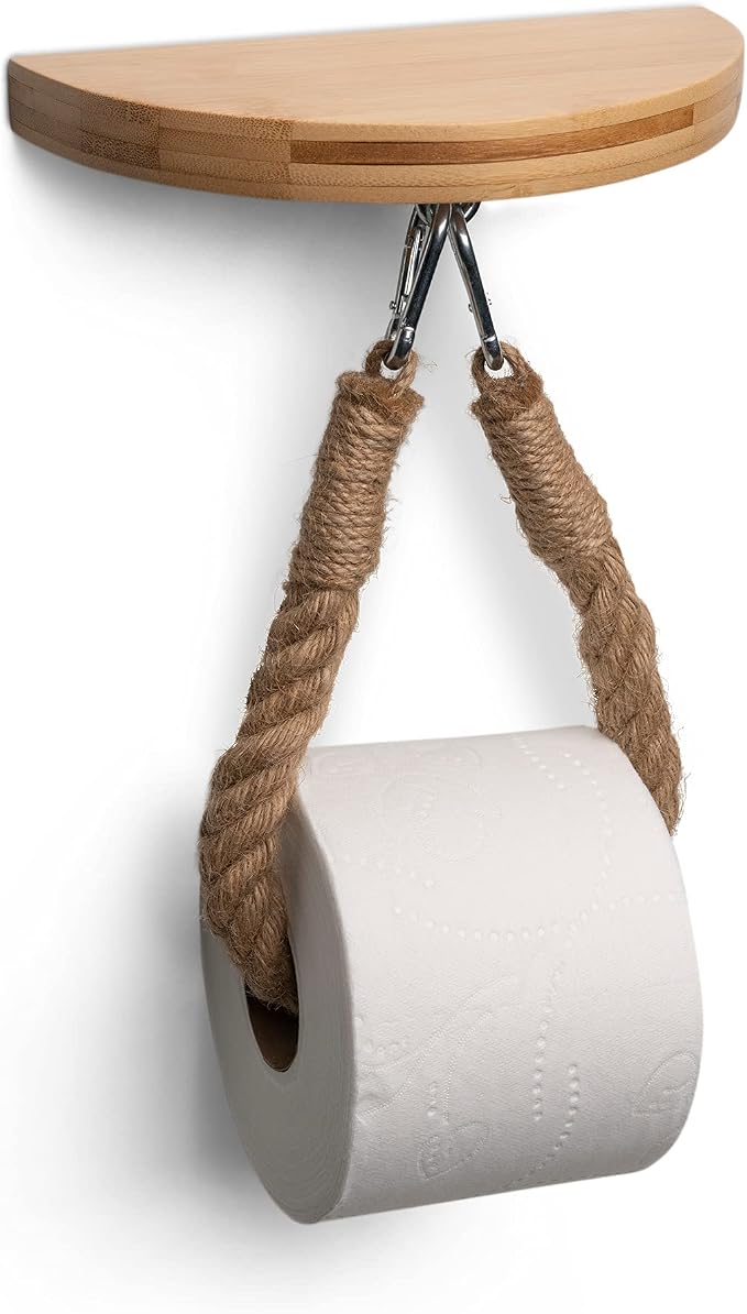 Modern Hanging Wall Mount Natural Bamboo Toilet Paper Holder Rope with Convenience Shelf Tray for Toilet Paper, Phone, Plants, Decor, and Other Accessories