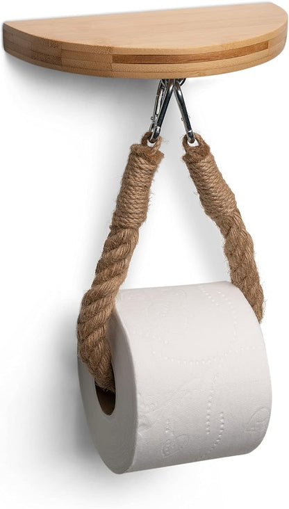 Modern Hanging Wall Mount Natural Bamboo Toilet Paper Holder Rope with Convenience Shelf Tray for Toilet Paper, Phone, Plants, Decor, and Other Accessories