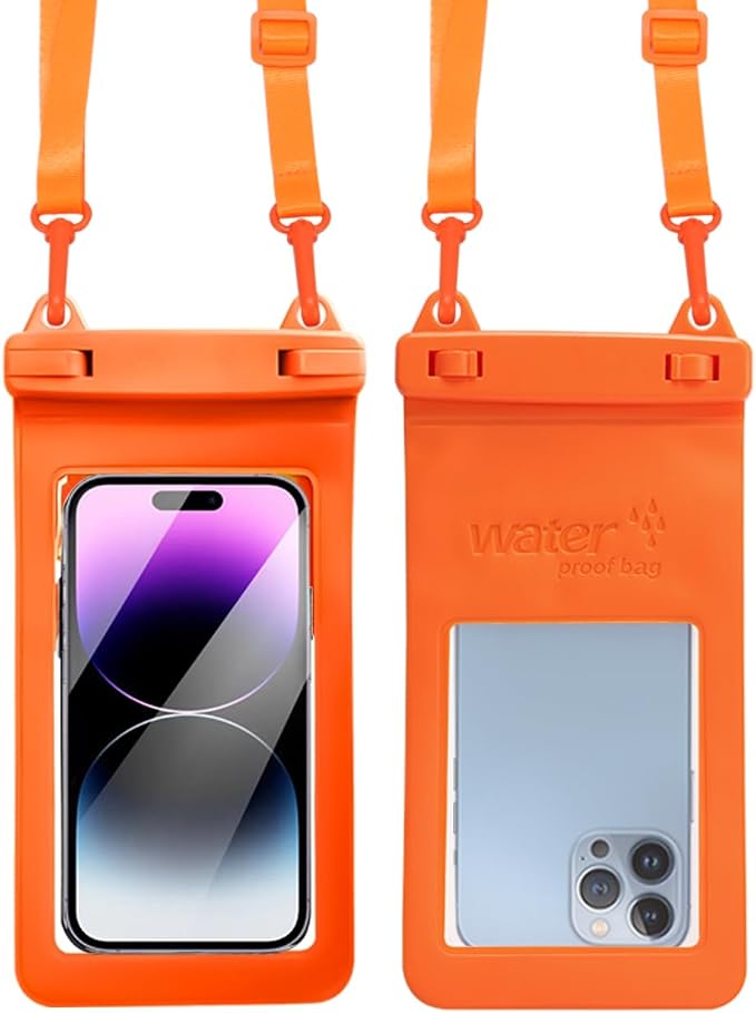 IPX8, 7.4Waterproof Phone Pouch, Universal Fit(iPhone 16 15 14 13 Plus Pro, 12 11 Pro, XR X 8 7 6S Plus SE, Galaxy S25 S24 S23 S20 Series Pixel, Lanyard Included (Orange) 1pack