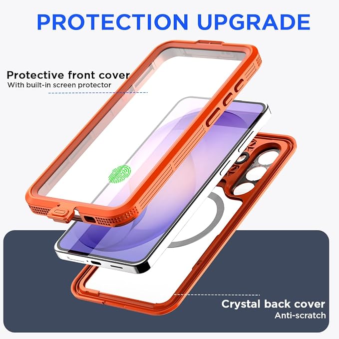 AICase Waterproof Case for Samsung Galaxy S26 with MagSafe Support Clear Water Proof Snowproof/Dustproof/Shockproof,IP68 360 Full Body Protection Fully Sealed Underwater Cover for Galaxy S26_Orange
