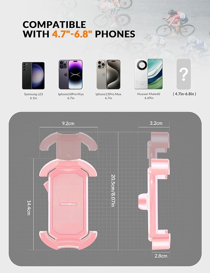 ROCKBROS Bike Phone Holder - Motorcycle & Scooter Mount, Adjustable, Shockproof, Security Lock, 4.7'-6.8' Phones 2-Pack (Handlebar Mount Pink + White)