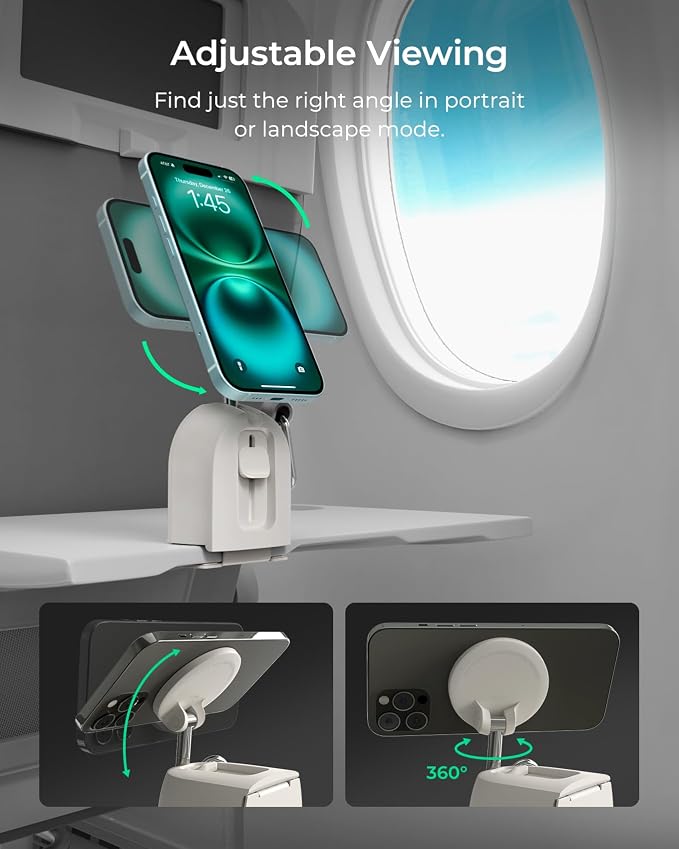 iOttie Treker Travel Essentials Magnetic Airplane Phone Holder with 360° Rotation Swivel Head and Magnetic Ring Adapter for Universal Compatibility with MagSafe, Qi2, iPhone, and Android Smartphones