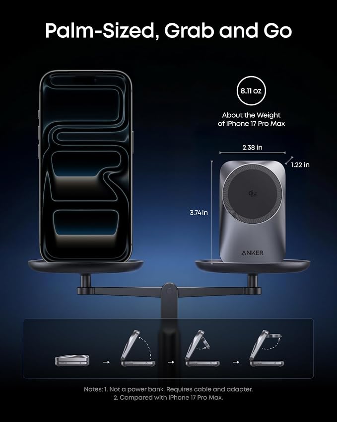 Anker Prime 3-in-1 Charging Station, AirCool Wireless Charger, Qi2 25W Certified Palm-Sized Foldable MagSafe Charger Compatible with iPhone 17, Apple Watch, AirPods (Non-Battery, with Adapter)