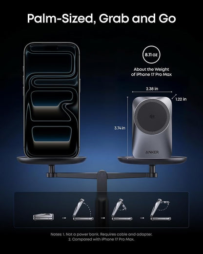 Anker Prime 3-in-1 Charging Station, AirCool Wireless Charger, Qi2 25W Certified Palm-Sized Foldable MagSafe Charger Compatible with iPhone 17, Apple Watch, AirPods (Non-Battery, with Adapter)