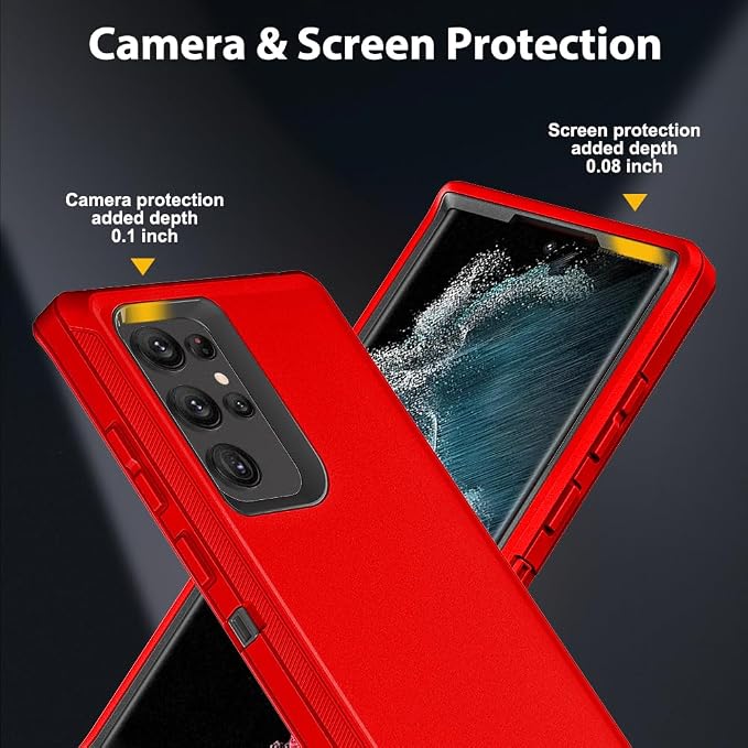 for Samsung Galaxy S22 Ultra Case with 2Pcs Self Healing Flexible TPU Screen Protector & Camera Lens Protector, 3 in 1 Heavy Duty Shockproof/Drop Proof/Dust Proof Case (Red/Black)