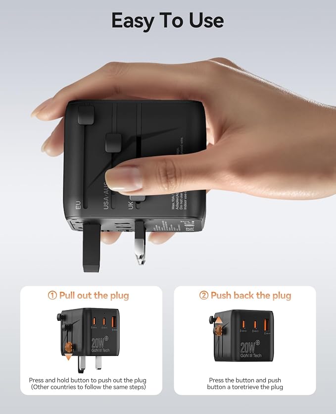 ORICO Universal Travel Adapter 100W GaN International Power Adapter | 7 in 1 (2 AC, 3 USB-C, 2 USB-A) European Travel Plug Adapter, Built-in Retractable USB-C Cable for Eu UK AU 200+ Countries
