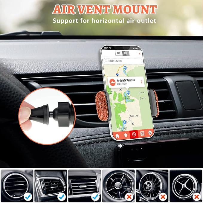 eing Car Phone Mount Cell Phone Holder with One More Air Vent Base,Bling Crystal Universal Phone Mount Holder Cradle for Dashboard,Windshield and Air Vent,Orange