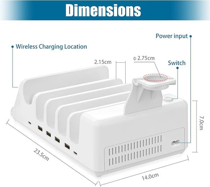 AGVEE 140W 7in1 Multi USB Charging Station Organizer Family Block Hub with Multi Cables, 3 Wireless Charger Dock for Pad Phone Cell Phone Android Tablet Multiple Devices, White