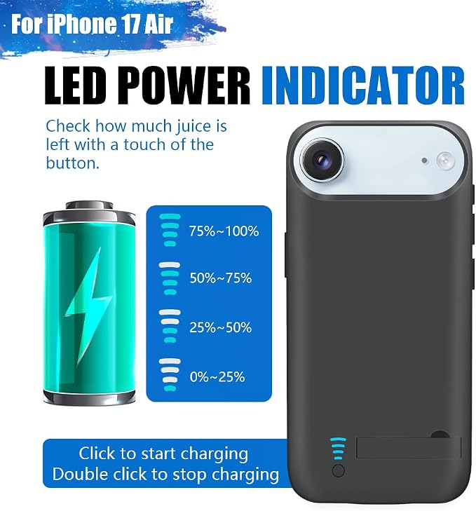 Battery Case for iPhone 17 Air, 6000mAh Rechargeable Extended Battery Charging/Charger Case, Add 100% Extra Juice (6.5 Inches) Black