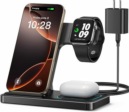 DUMTERR 3 in 1 Charging Station for Apple, Foldable Wireless Charger for iPhone 17 16 15 14 13 12 11 Pro Max, Wireless Charging Station for Multiple Devices for Apple Watch Ultra & Airpods Pro 4 3 2
