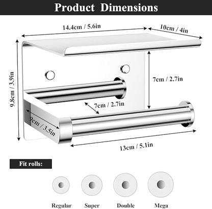 Tindbea Toilet Paper Holder with Phone Shelf, Adhesive or Screw Wall Mount Toilet Tissue Roll Holder, Rustproof & Multifunctional Stainless Steel Bathroom Storage Dispenser (Polished Chrome)